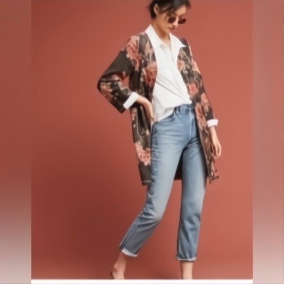 Catherine Malandrino Floral Faux Suede Long Open Front Jacket S - Picture 2 of 7